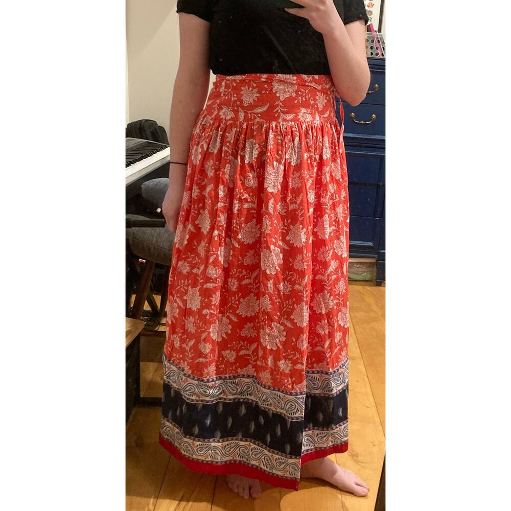 Red Floral Border Print High Waist Maxi Skirt Womens S/M Boho Hippie Folk Art